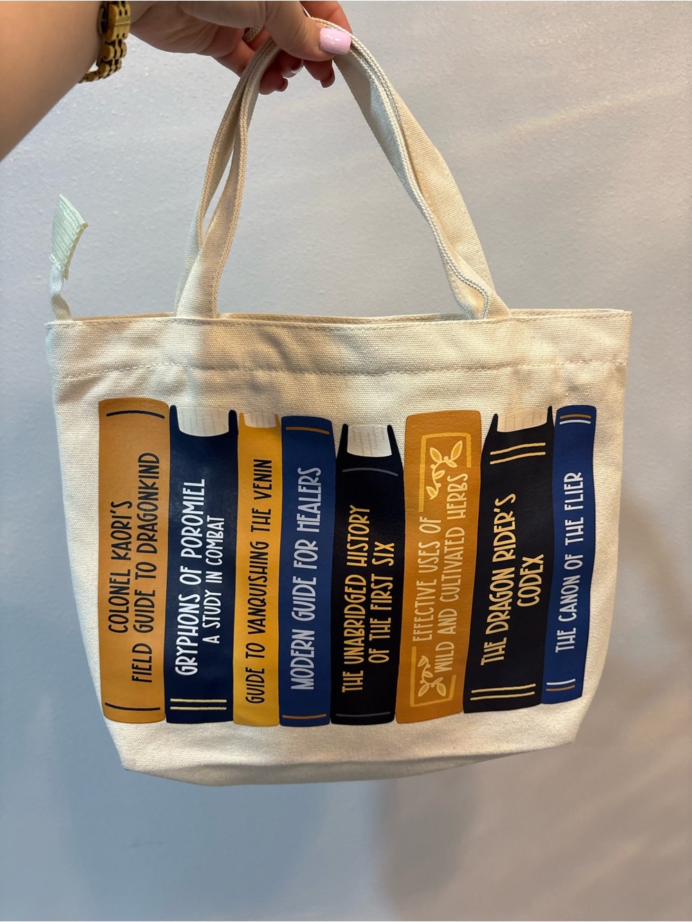 Barnes & Noble Cream Canvas Tote with Blue and Gold Book Spine Graphic